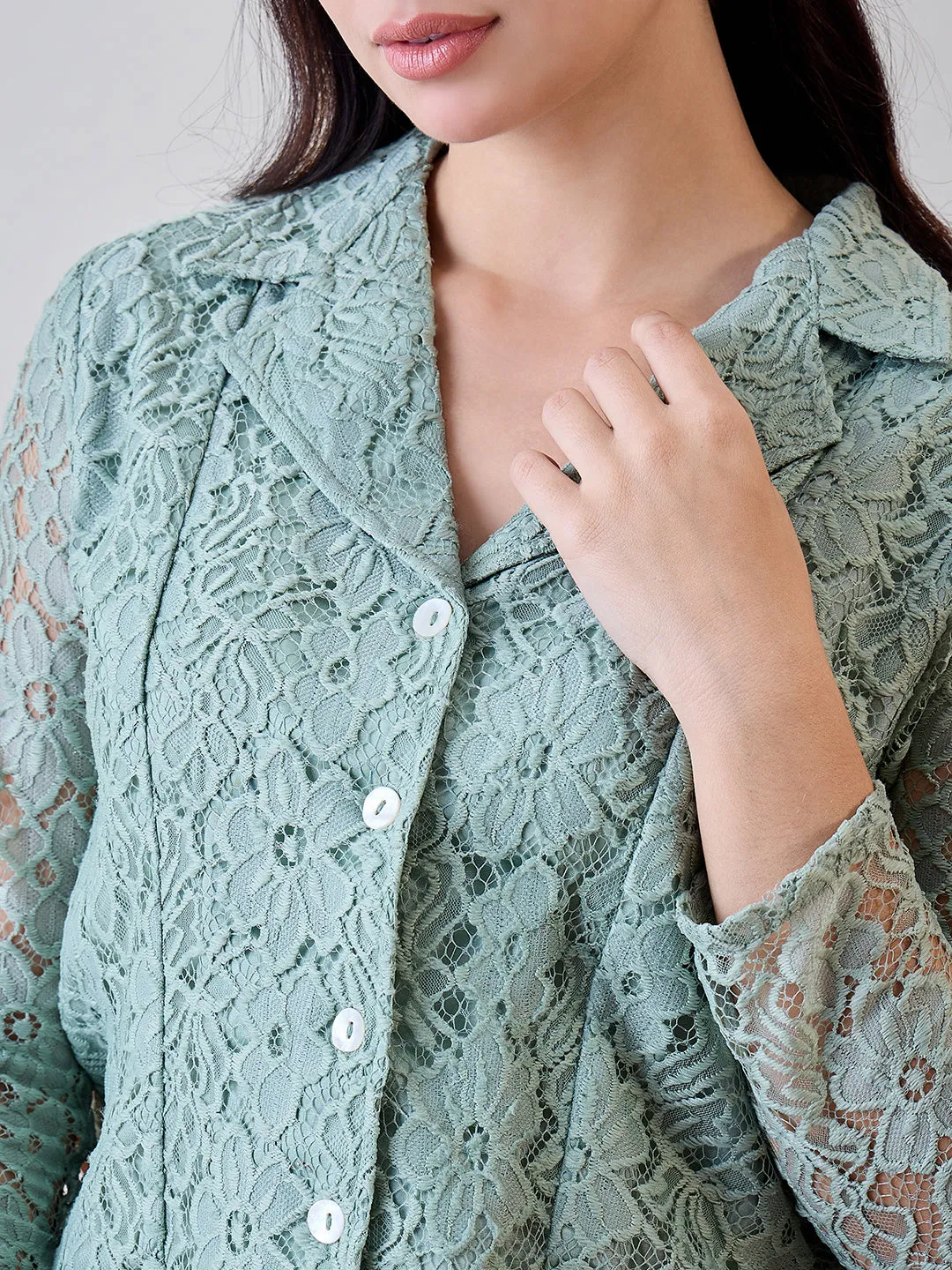 Pastel Green Delicate Floral Lace Jacket and Shorts Cord Set