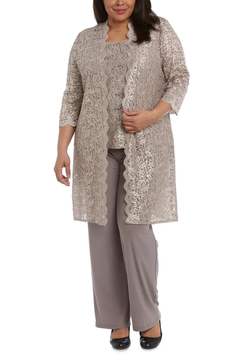 R&M Richards Metallic Lace Tank Top and Pant Set with Sheer Lace Jacket (Plus Size)