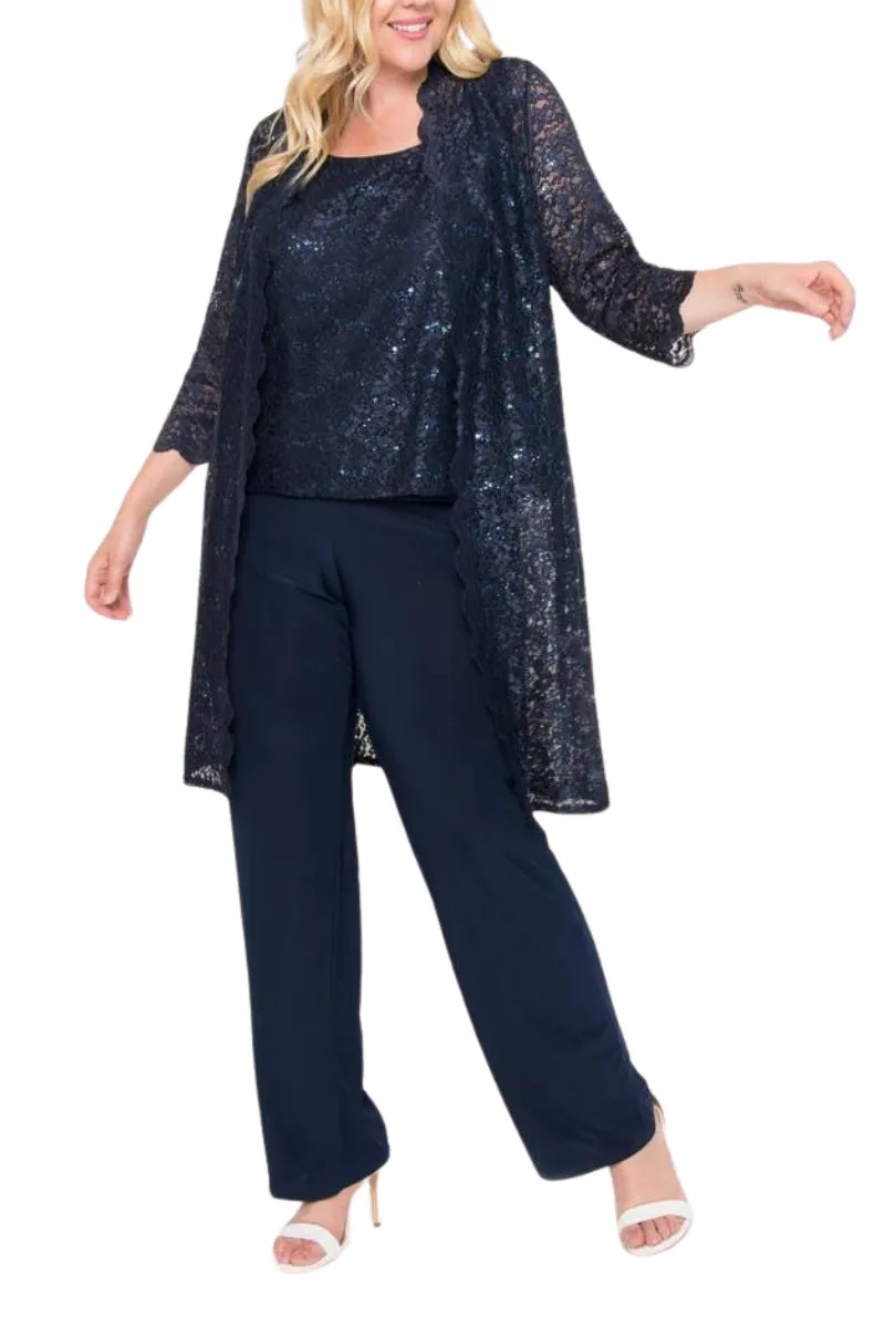 R&M Richards Metallic Lace Tank Top and Pant Set with Sheer Lace Jacket (Plus Size)