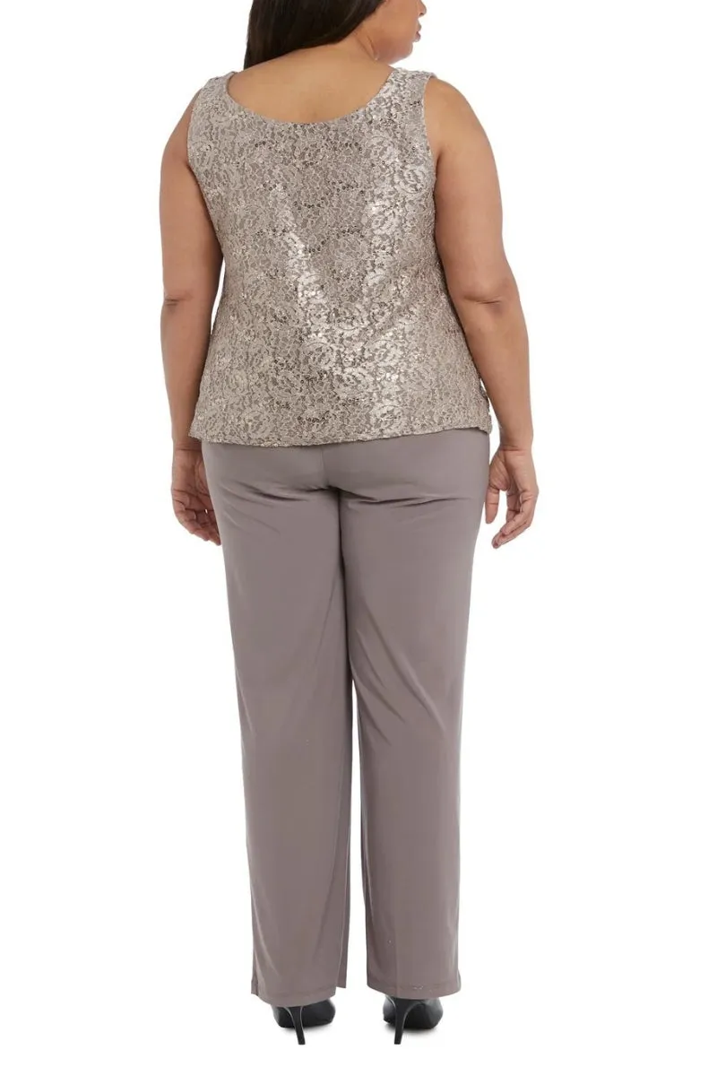 R&M Richards Metallic Lace Tank Top and Pant Set with Sheer Lace Jacket (Plus Size)