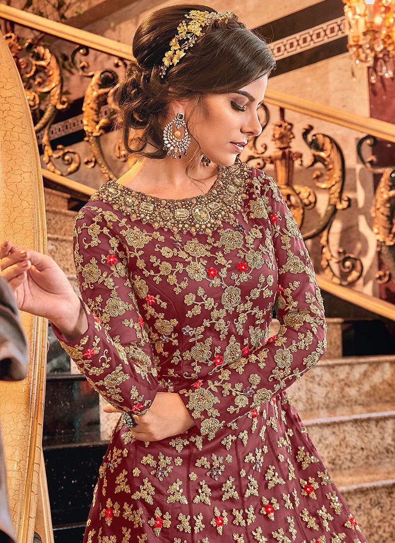 Red Embroidered Designer Jacket Anarkali Suit