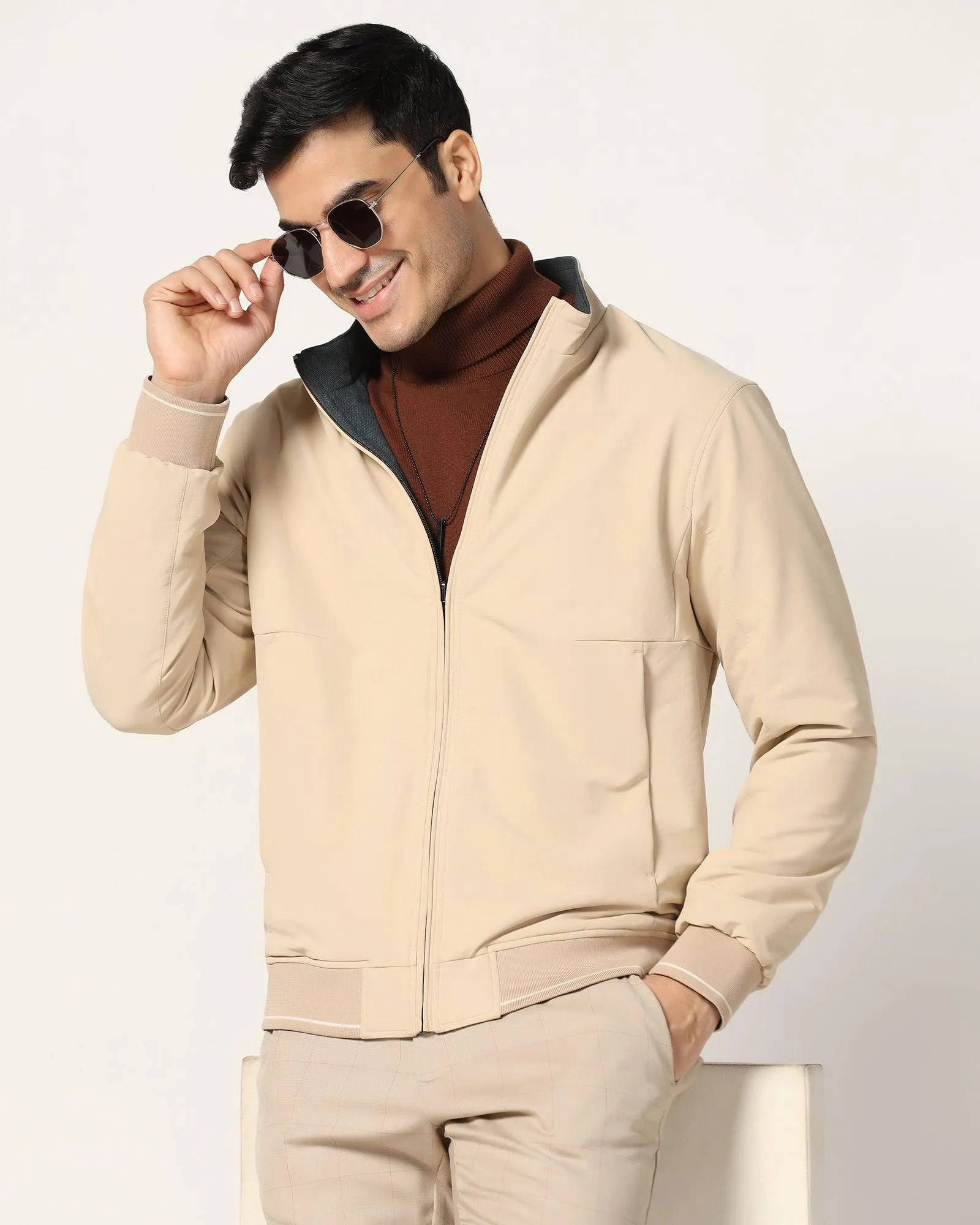 Reversible Beige Solid Zipper Jacket - Coronado