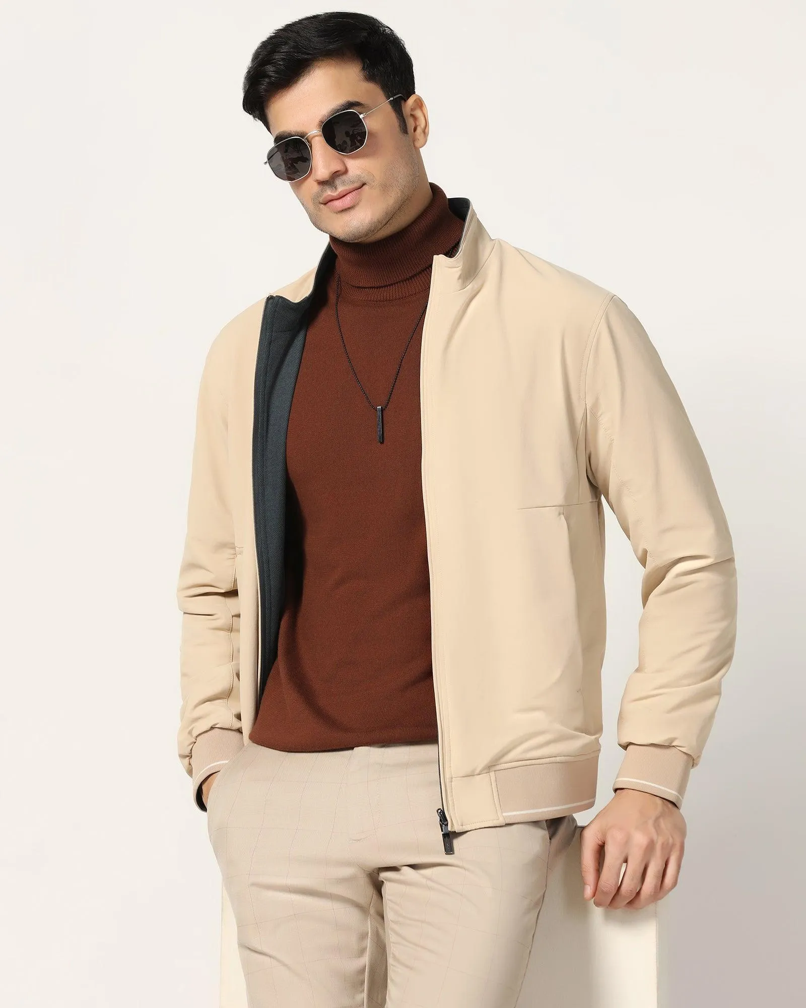 Reversible Beige Solid Zipper Jacket - Coronado