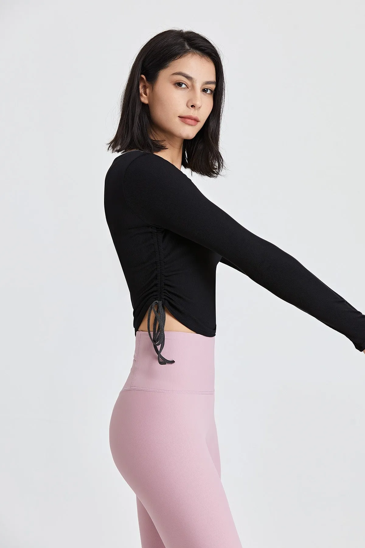 Ribbed Contrast Trim Yoga Crop Top with Drawstring