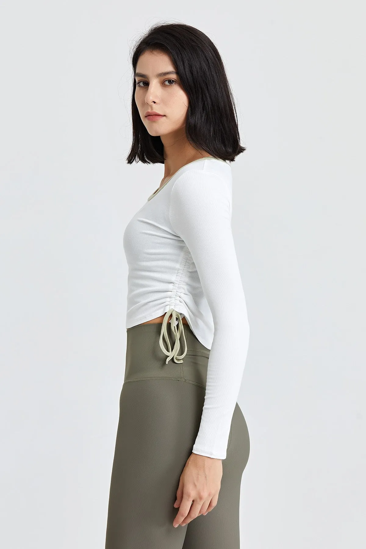 Ribbed Contrast Trim Yoga Crop Top with Drawstring