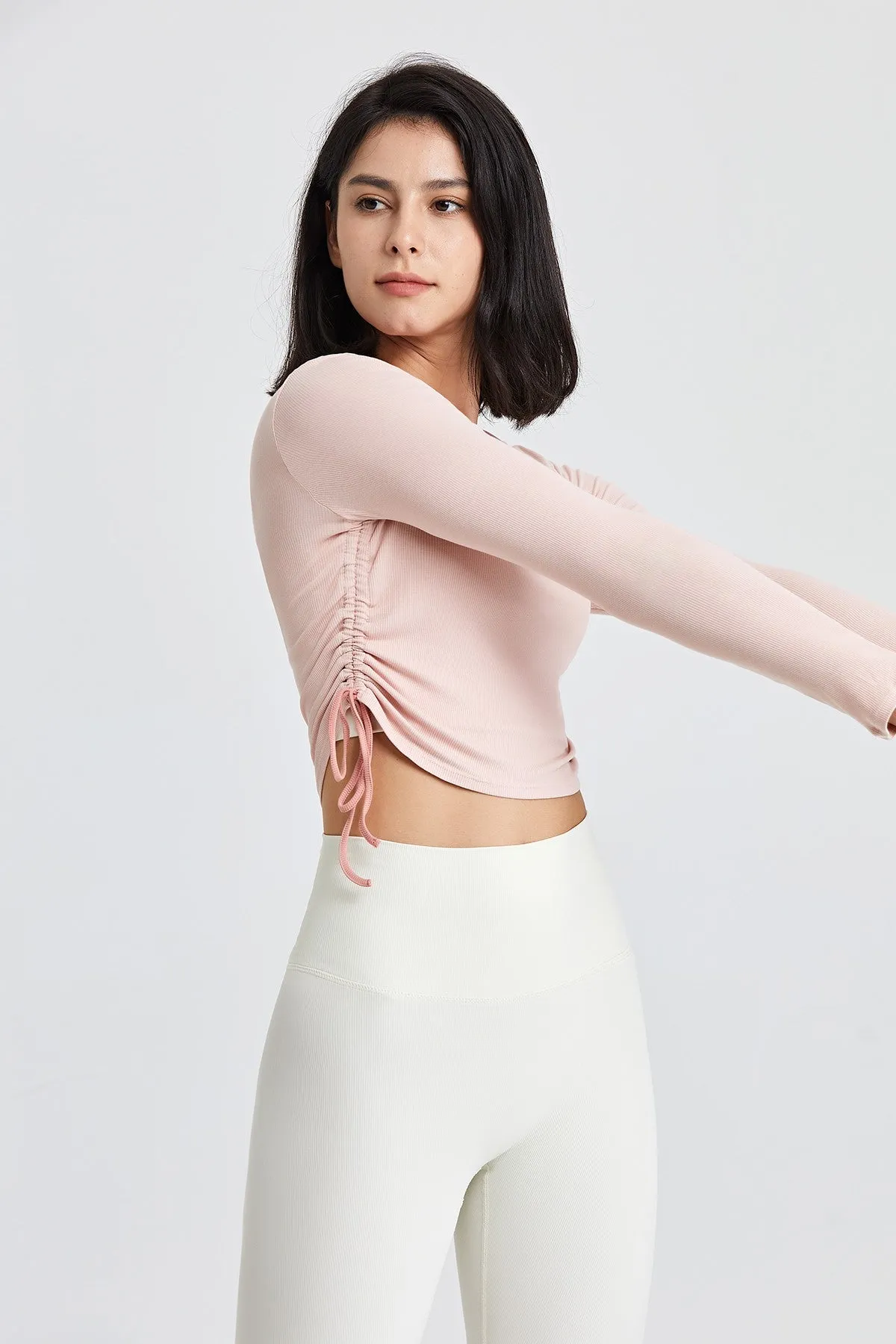 Ribbed Contrast Trim Yoga Crop Top with Drawstring