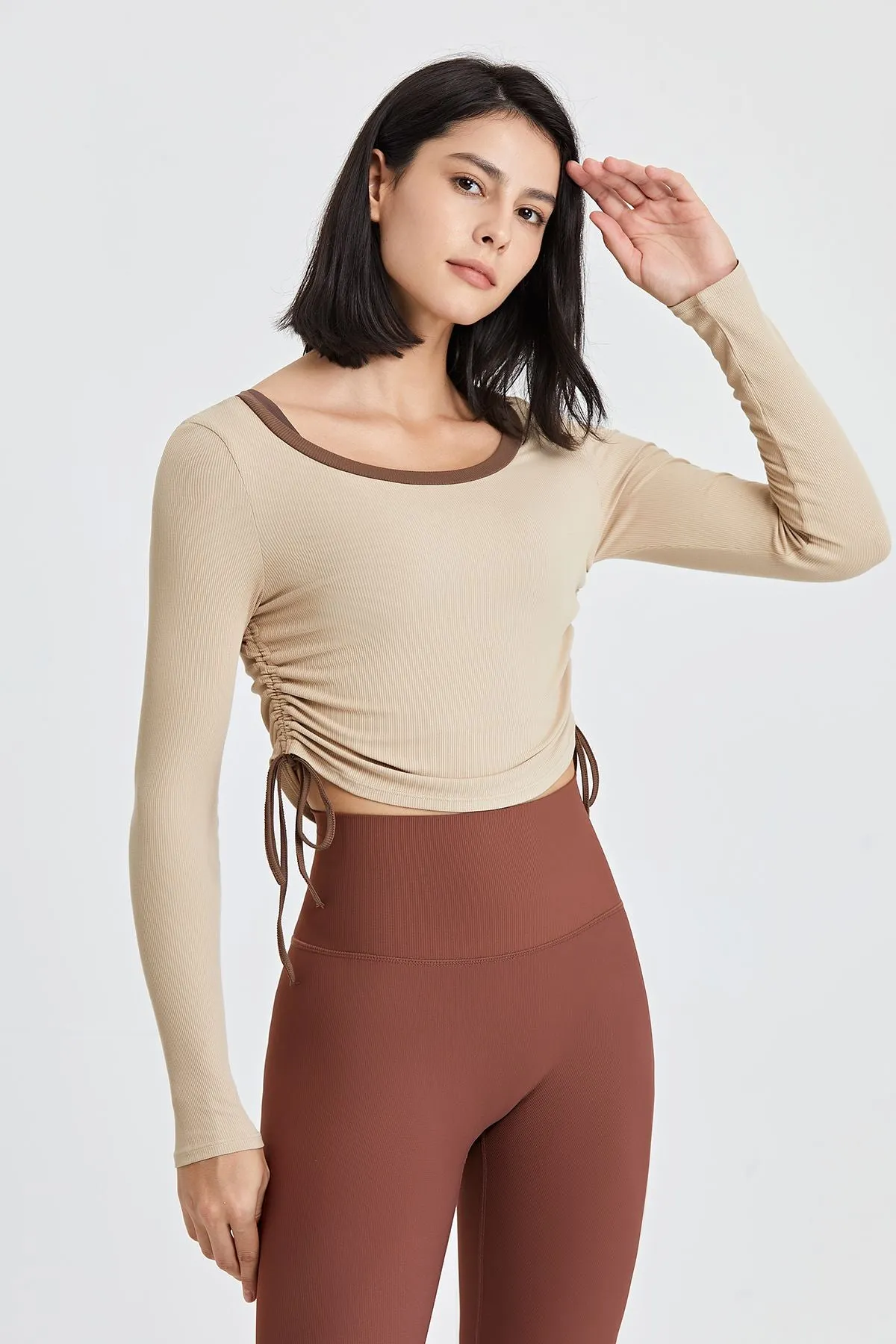 Ribbed Contrast Trim Yoga Crop Top with Drawstring