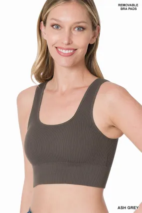 Ribbed Square Neck Bralette w/ pads Brami Crop Top by Zenana Ash Grey