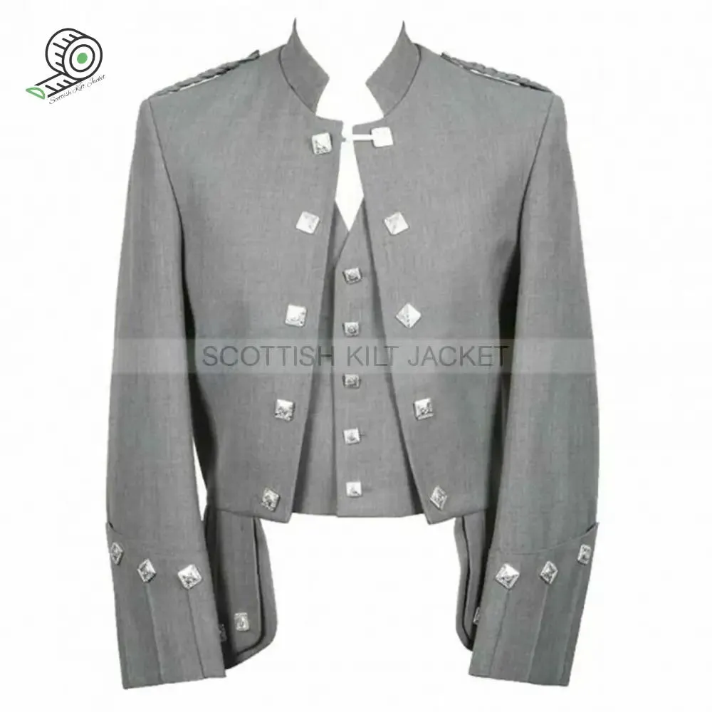 Scottish Doublet  Sheriffmuir Kilt Jacket with 5 Button Waistcoat In Grey