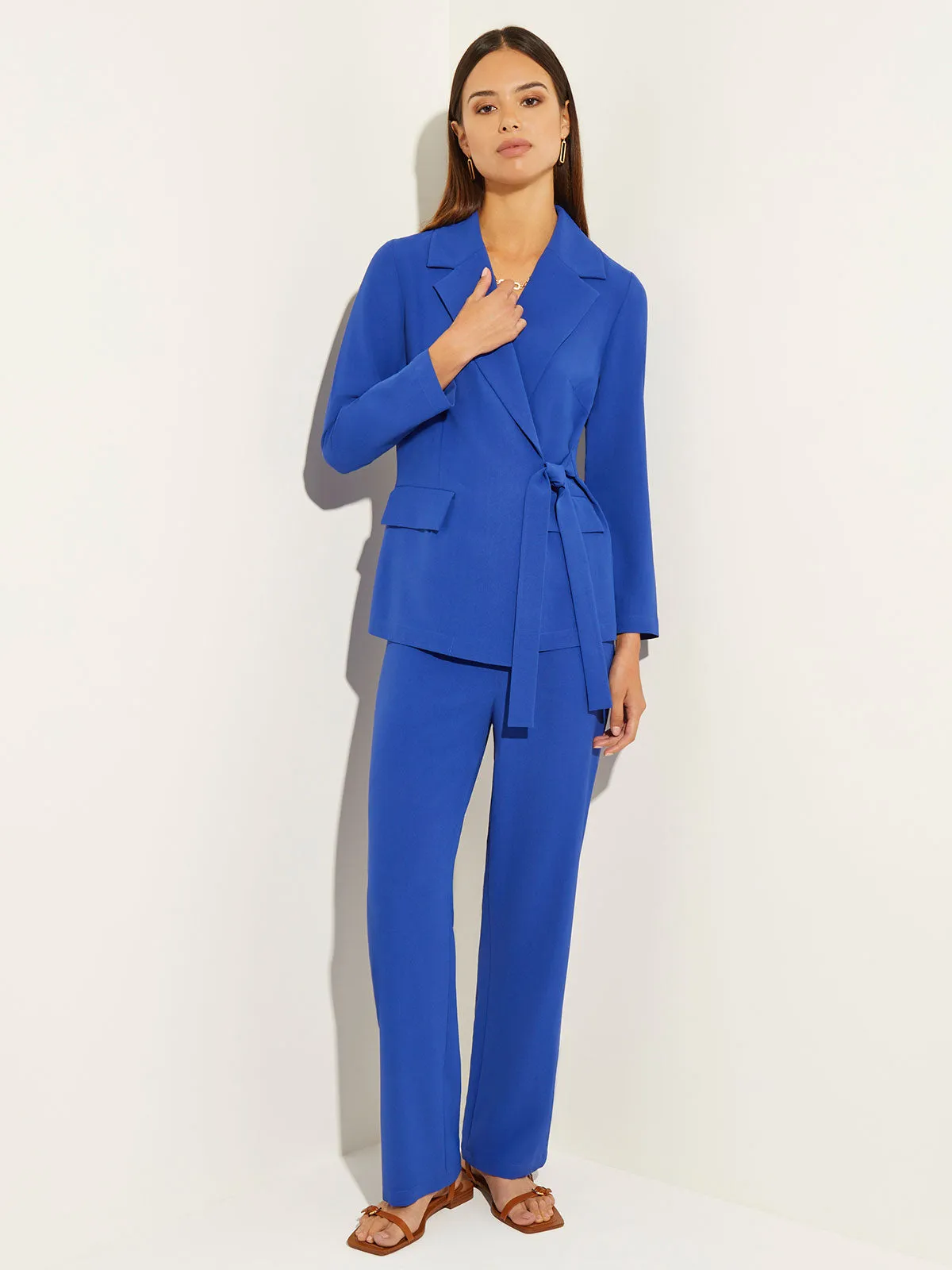 Side Tie Tailored Wrap Crepe de Chine Blazer, Satin Sky