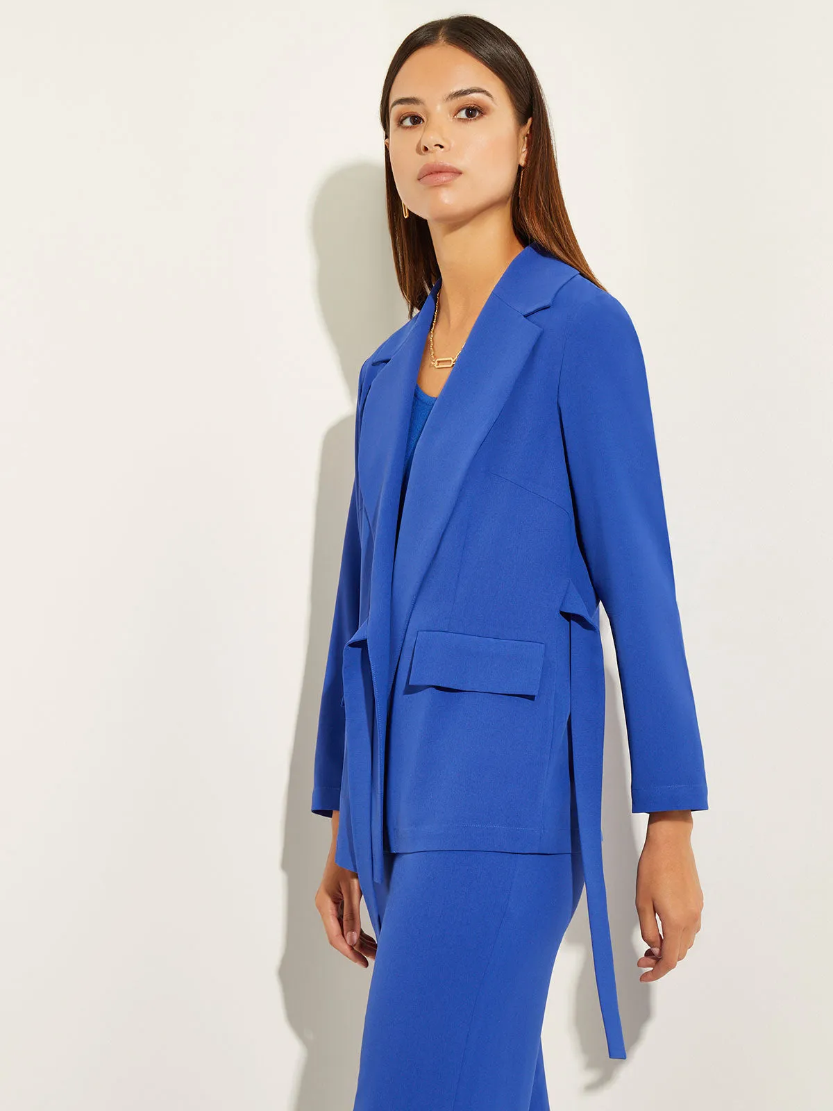 Side Tie Tailored Wrap Crepe de Chine Blazer, Satin Sky