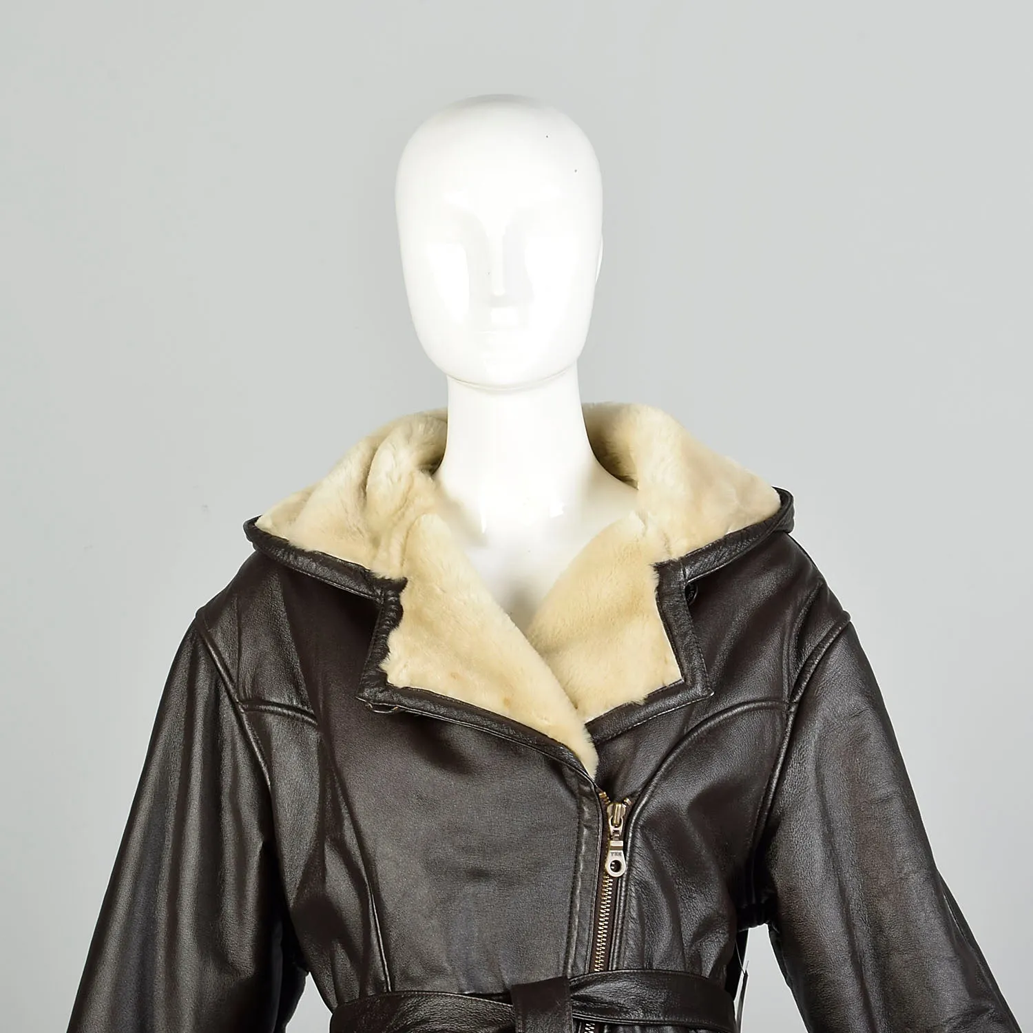 Small 2000s Beige Faux Shearling Lined Brown Leather Jacket Hooded Zip Front Biker Coat