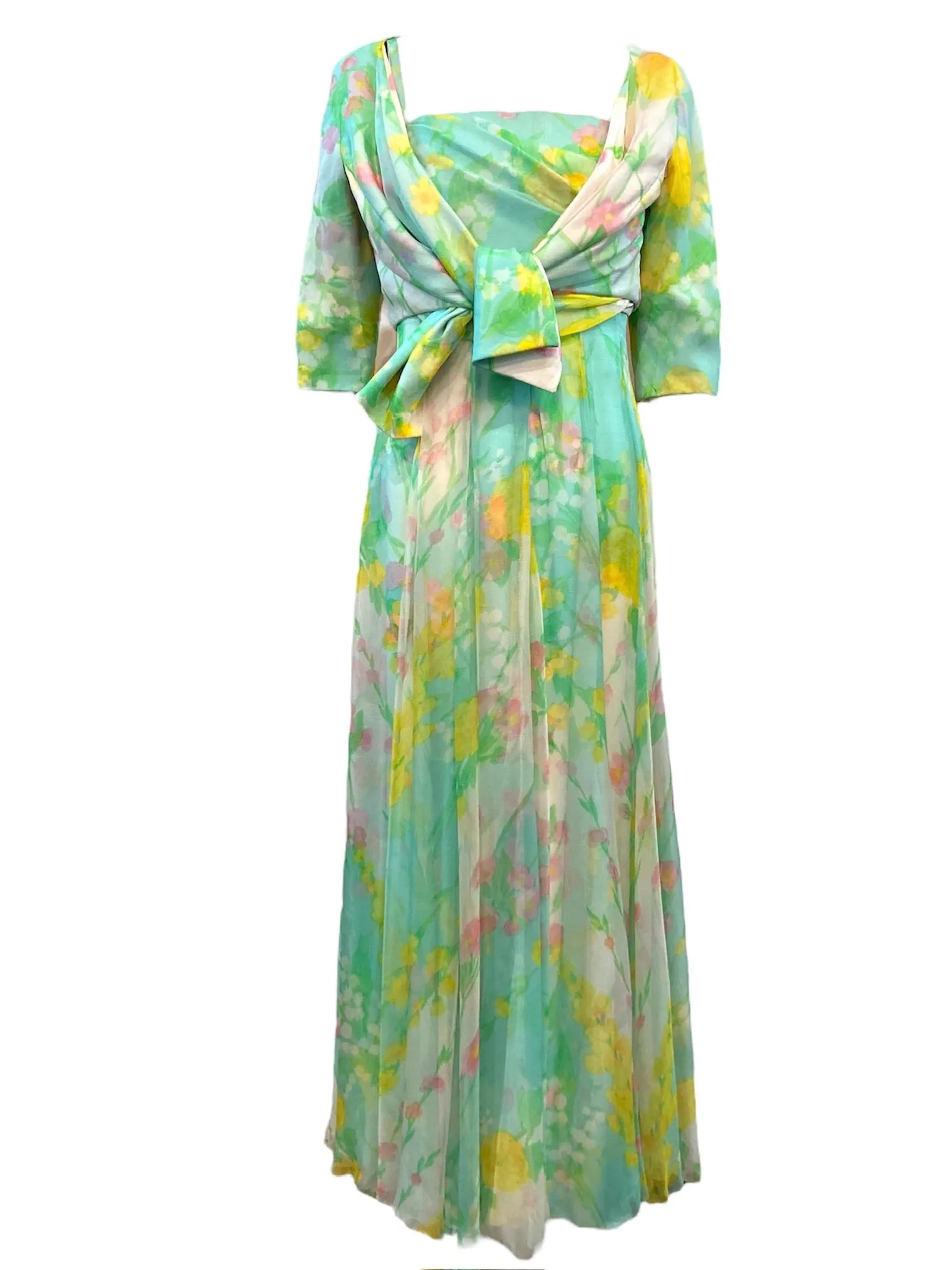 Sophie of Saks Pastel Watercolor Silk Floral Chiffon Gown with Matching Jacket