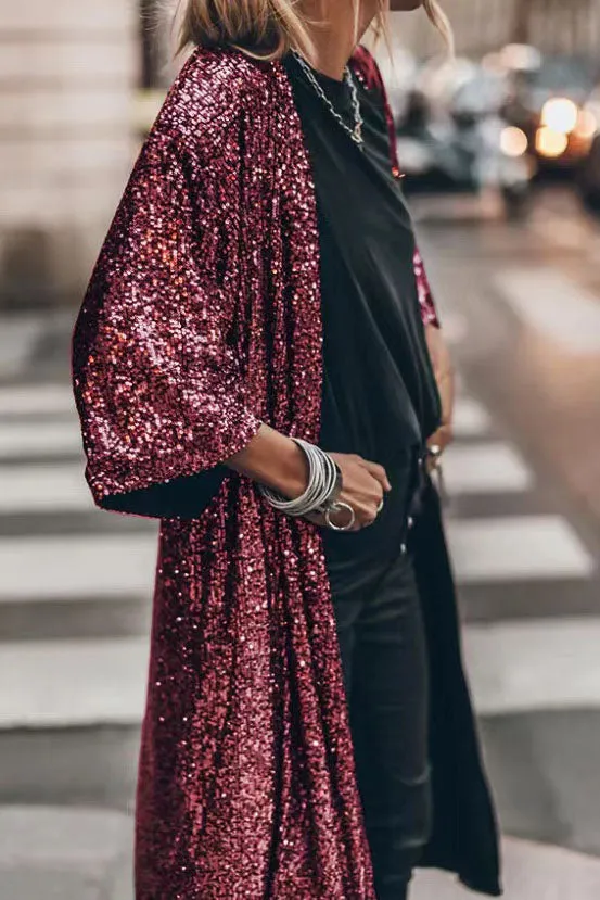 Three Quarter Sleeve Party Sequined Cardigan Jacket