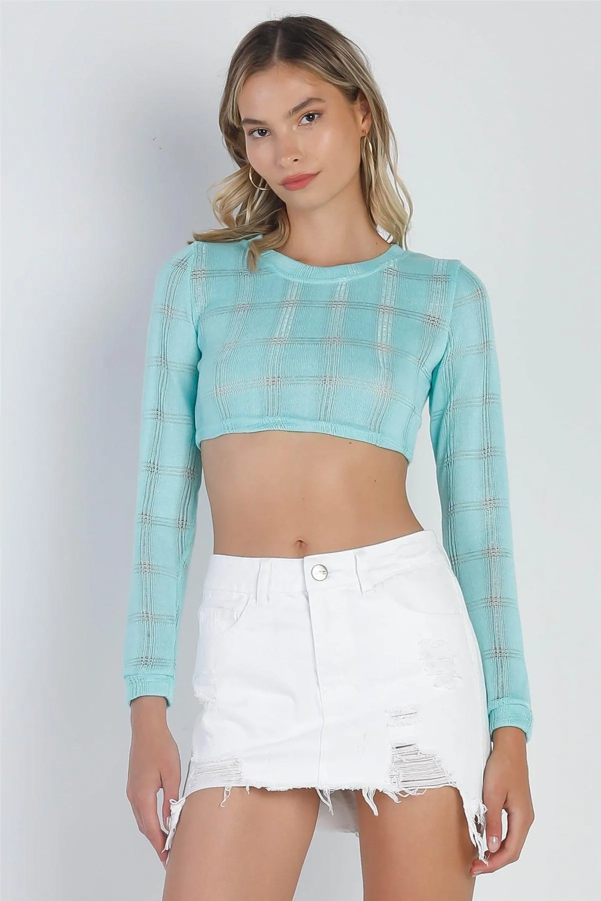 Tiffany Blue Cropped Knit Long Sleeve Sweater /1-2-3