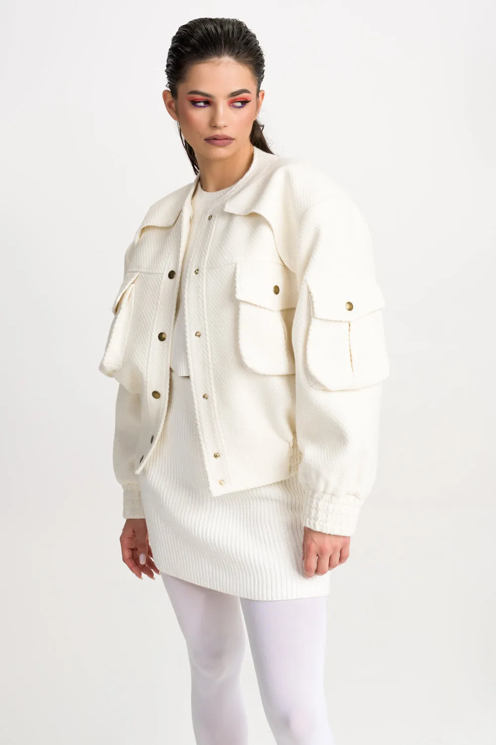 ‘TULLIA’ CARGO TWEED White BOMBER JACKET