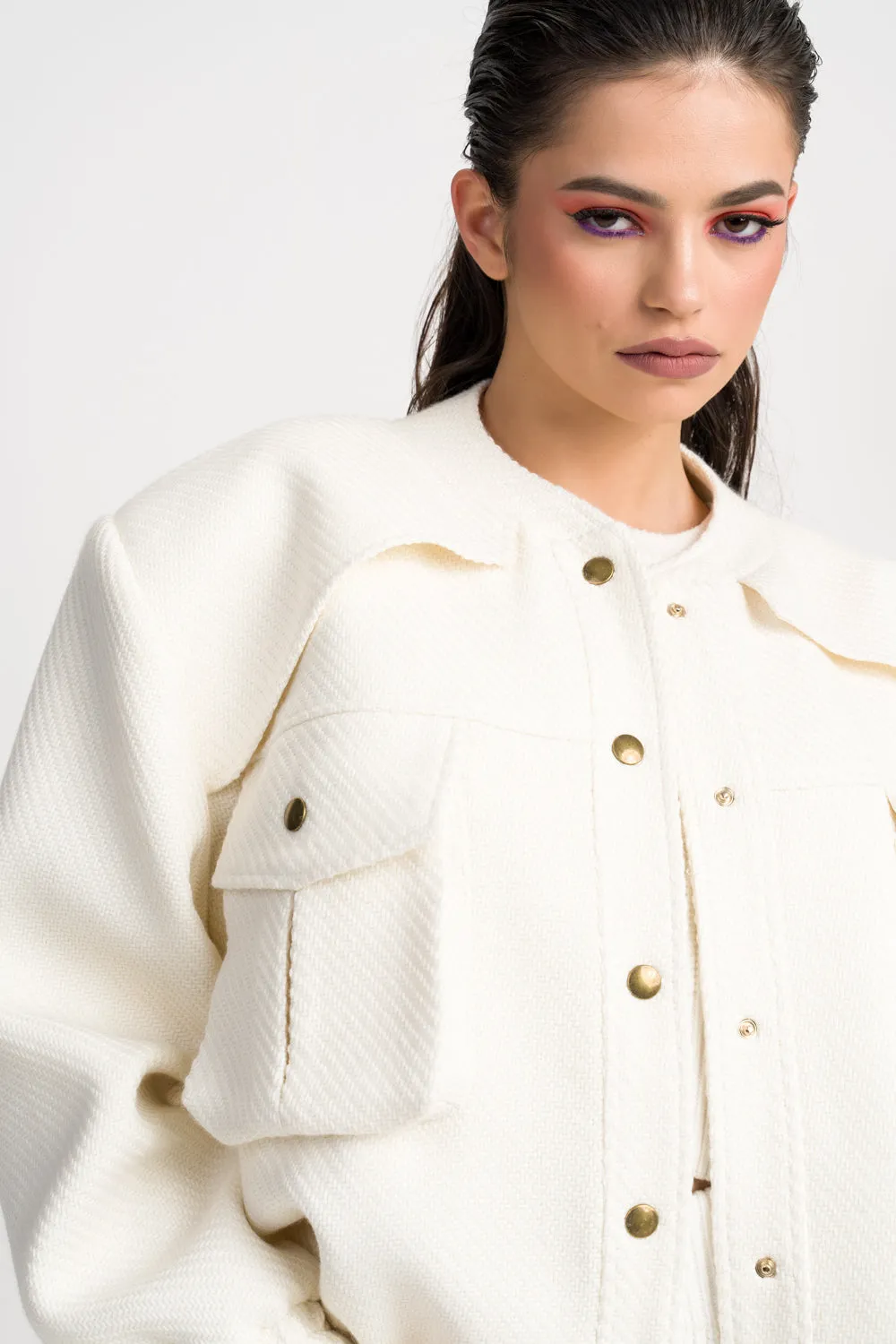 ‘TULLIA’ CARGO TWEED White BOMBER JACKET