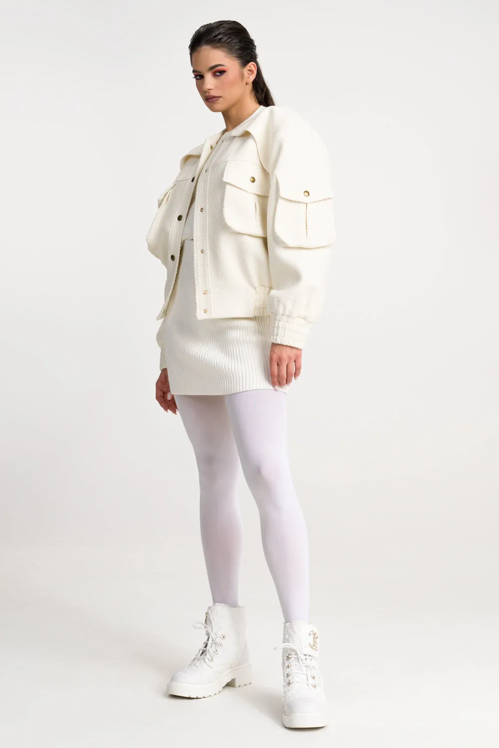 ‘TULLIA’ CARGO TWEED White BOMBER JACKET