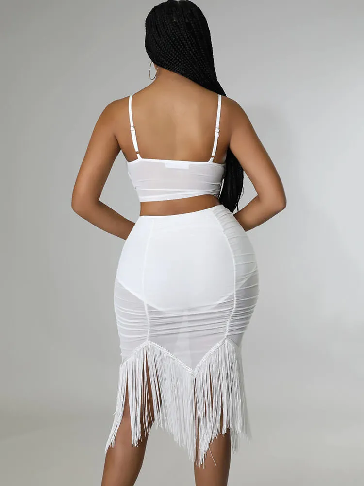 Two Piece Spaghetti Strap Mesh Crop Top & Tassel Skirt