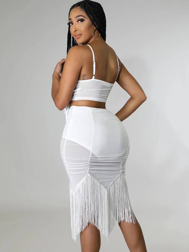 Two Piece Spaghetti Strap Mesh Crop Top & Tassel Skirt