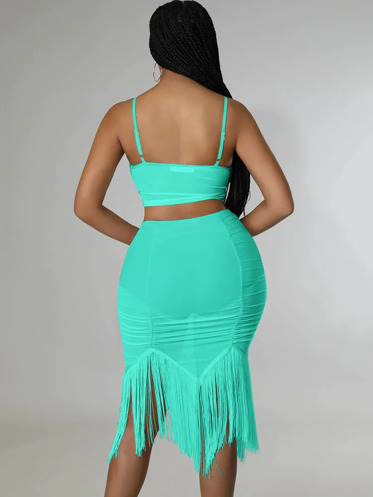 Two Piece Spaghetti Strap Mesh Crop Top & Tassel Skirt