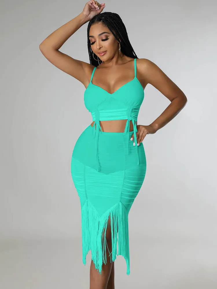 Two Piece Spaghetti Strap Mesh Crop Top & Tassel Skirt