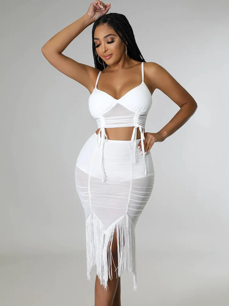 Two Piece Spaghetti Strap Mesh Crop Top & Tassel Skirt