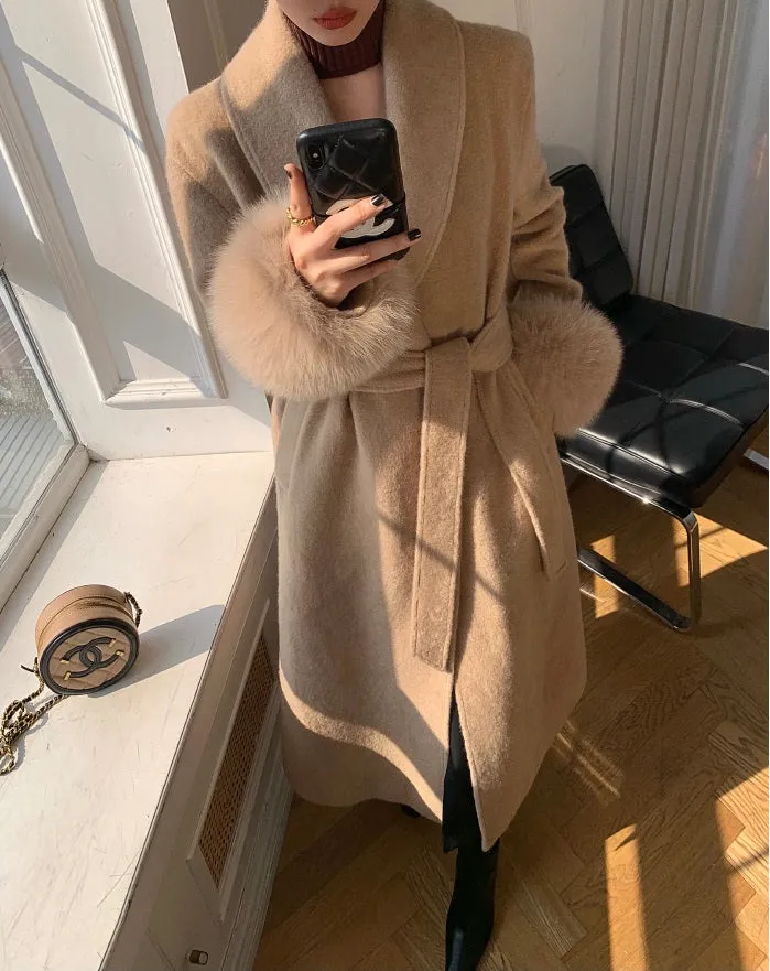 WANXO vegann fur waist tie woolen coat new fashion medium and long woolen coat- Katy