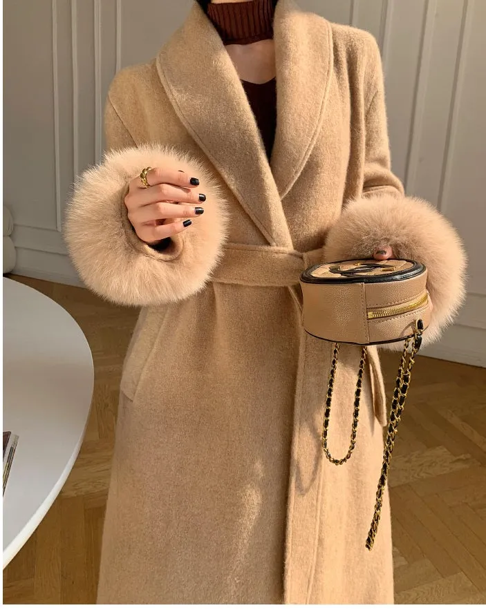 WANXO vegann fur waist tie woolen coat new fashion medium and long woolen coat- Katy