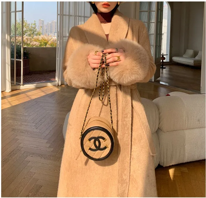 WANXO vegann fur waist tie woolen coat new fashion medium and long woolen coat- Katy