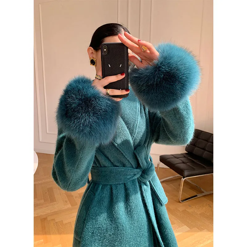 WANXO vegann fur waist tie woolen coat new fashion medium and long woolen coat- Katy