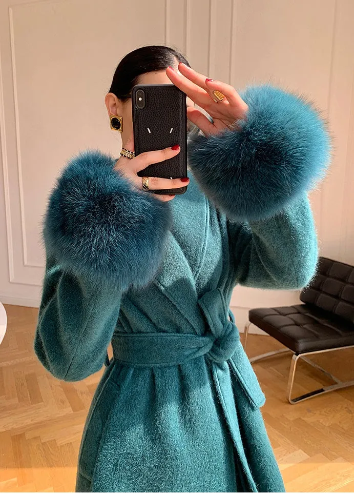 WANXO vegann fur waist tie woolen coat new fashion medium and long woolen coat- Katy