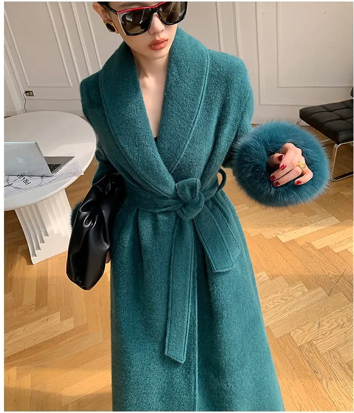 WANXO vegann fur waist tie woolen coat new fashion medium and long woolen coat- Katy