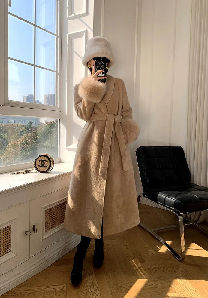 WANXO vegann fur waist tie woolen coat new fashion medium and long woolen coat- Katy