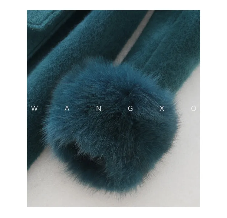 WANXO vegann fur waist tie woolen coat new fashion medium and long woolen coat- Katy