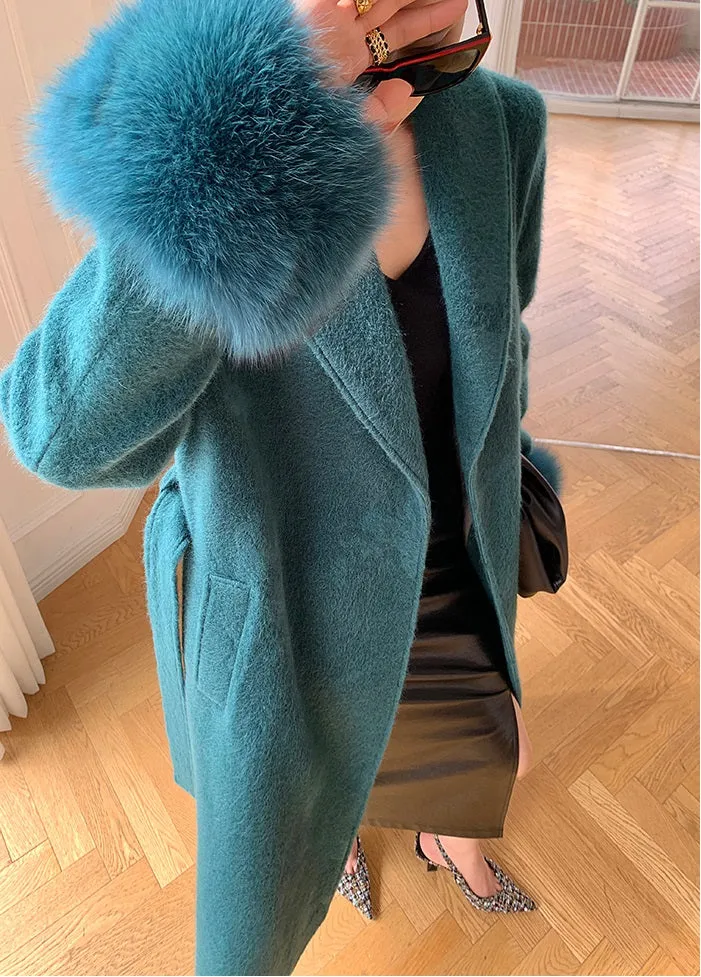 WANXO vegann fur waist tie woolen coat new fashion medium and long woolen coat- Katy