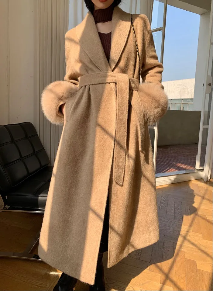 WANXO vegann fur waist tie woolen coat new fashion medium and long woolen coat- Katy