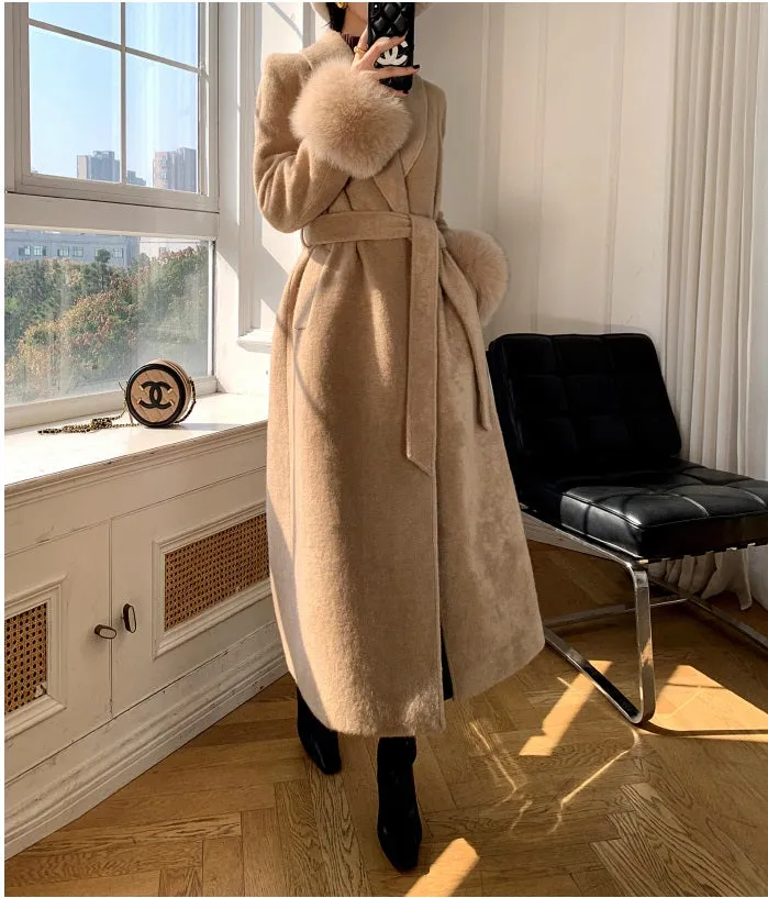 WANXO vegann fur waist tie woolen coat new fashion medium and long woolen coat- Katy