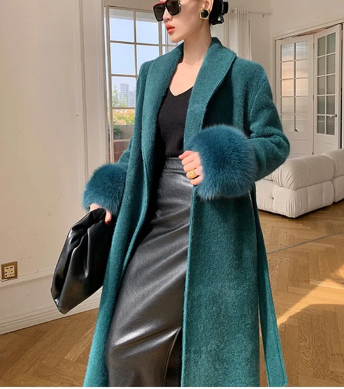 WANXO vegann fur waist tie woolen coat new fashion medium and long woolen coat- Katy