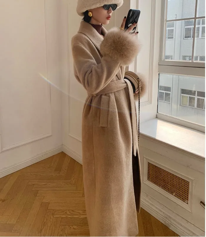 WANXO vegann fur waist tie woolen coat new fashion medium and long woolen coat- Katy