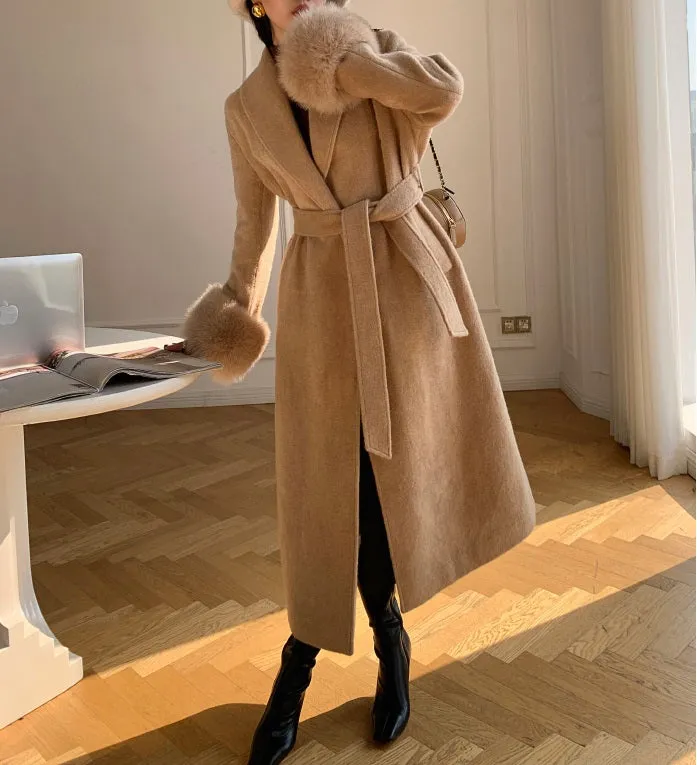 WANXO vegann fur waist tie woolen coat new fashion medium and long woolen coat- Katy