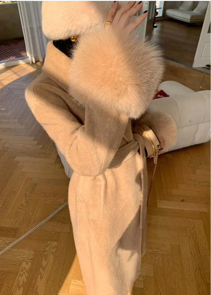 WANXO vegann fur waist tie woolen coat new fashion medium and long woolen coat- Katy