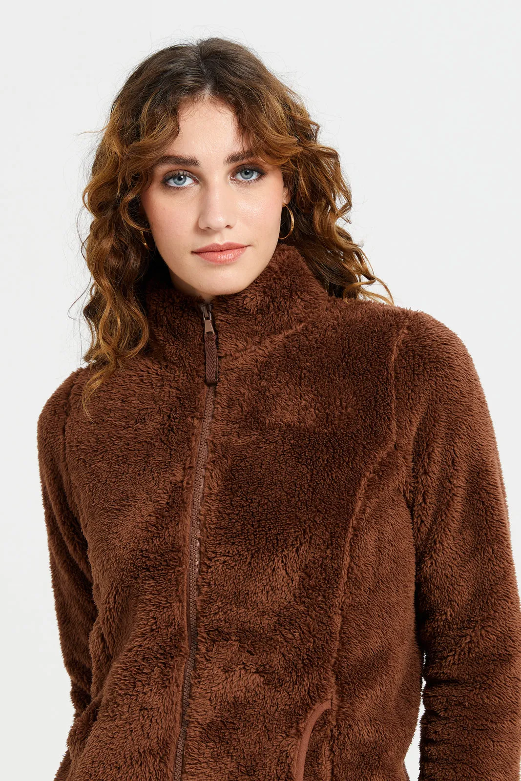 Women Brown High Neck Fur Jacket