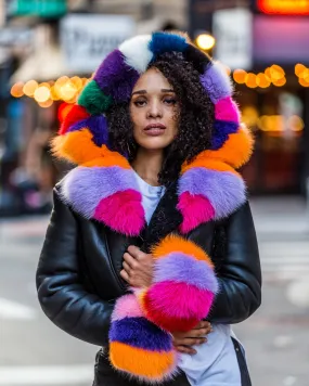 WOMEN SHEARLING- CROP TOP BLACK WITH MULTI COLOR FUR