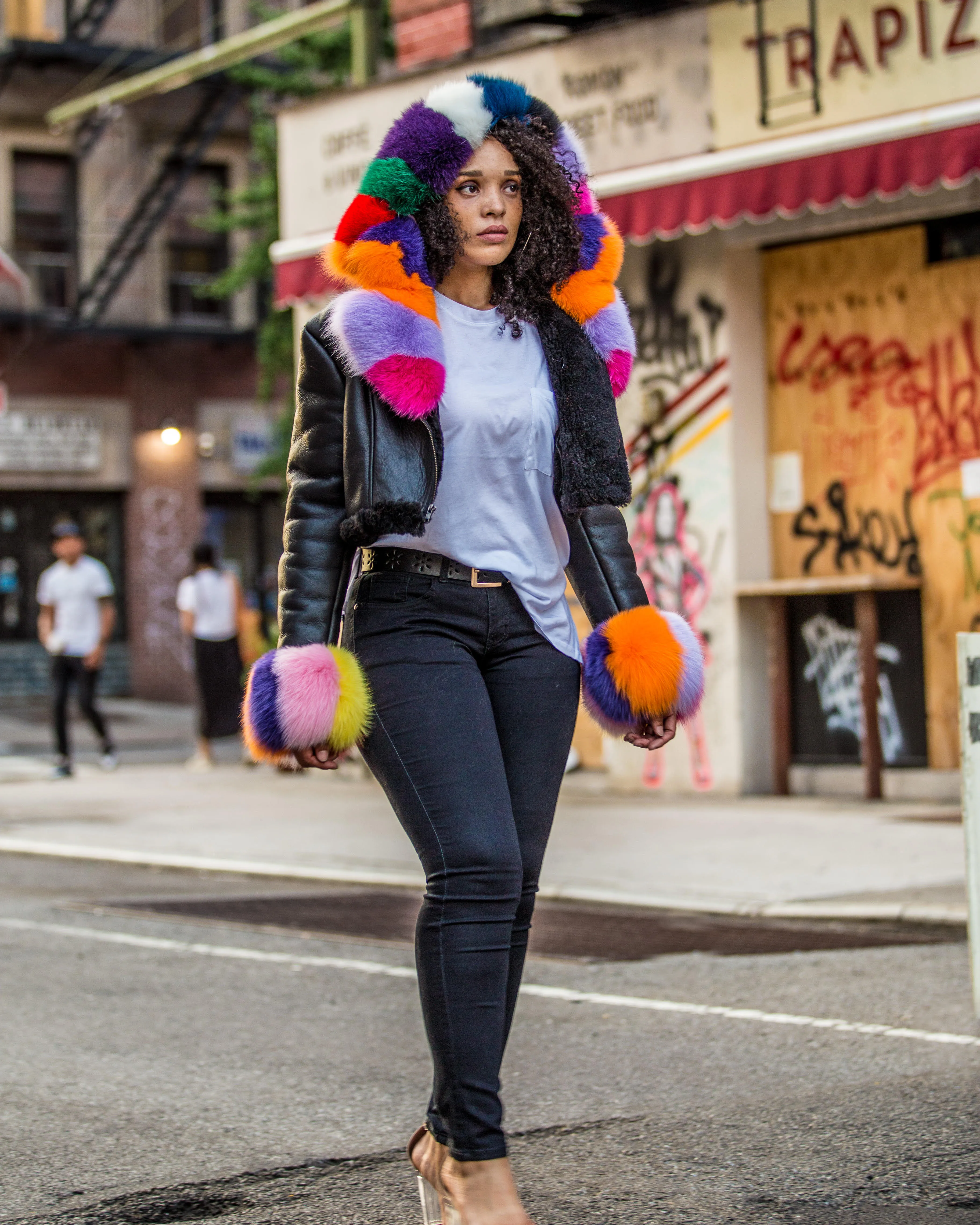 WOMEN SHEARLING- CROP TOP BLACK WITH MULTI COLOR FUR