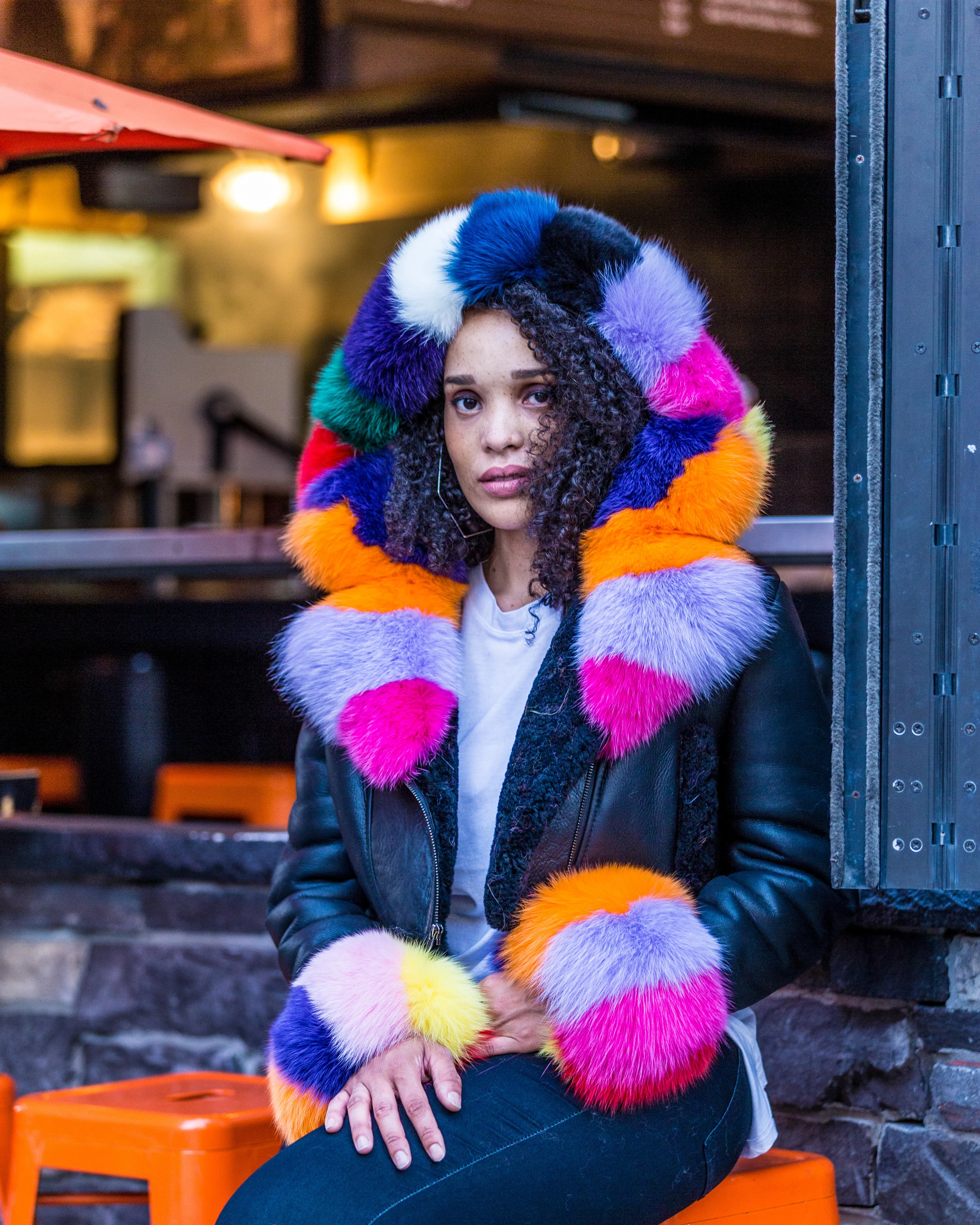 WOMEN SHEARLING- CROP TOP BLACK WITH MULTI COLOR FUR