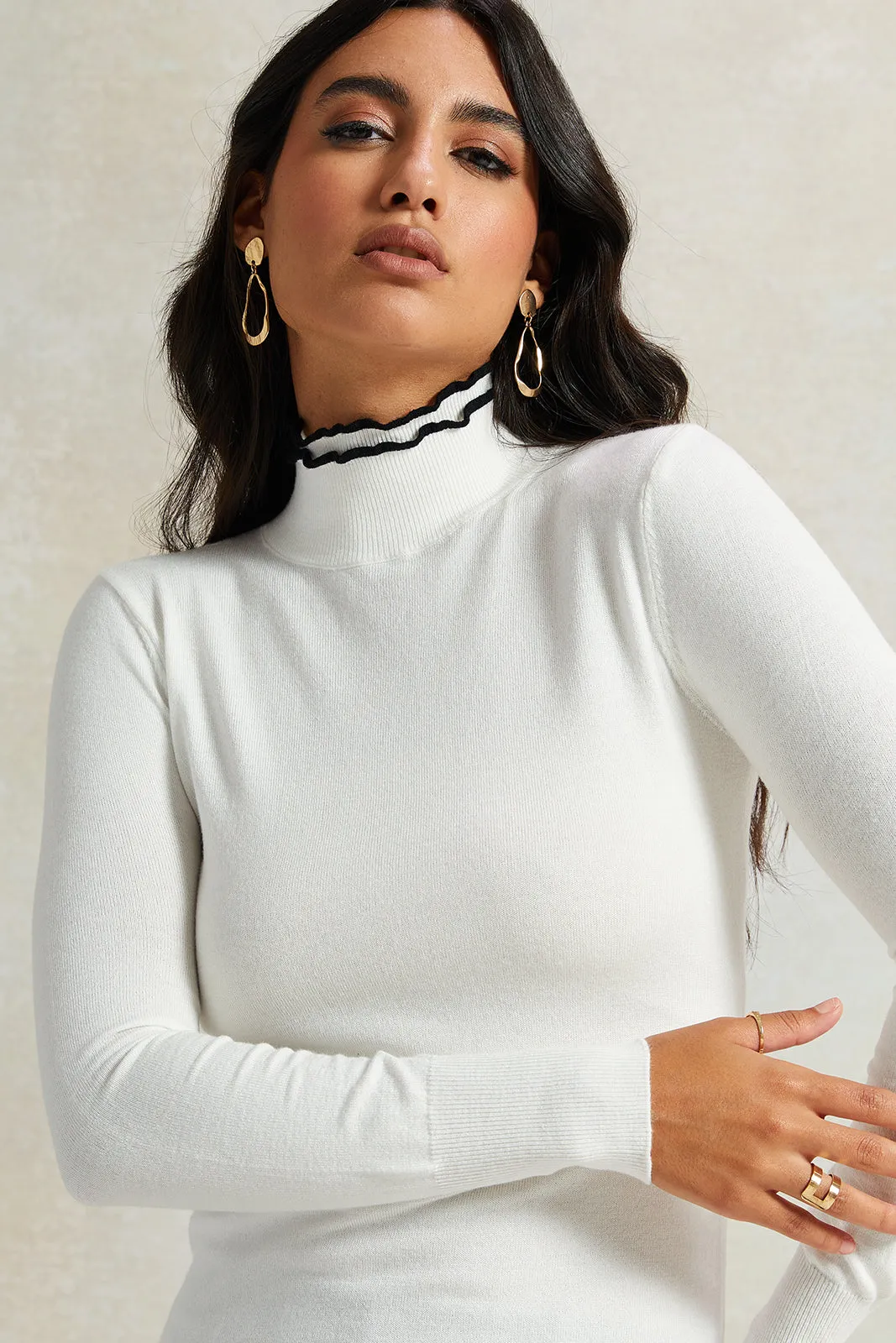 Women White Double Layer Turtle Neck Pullover