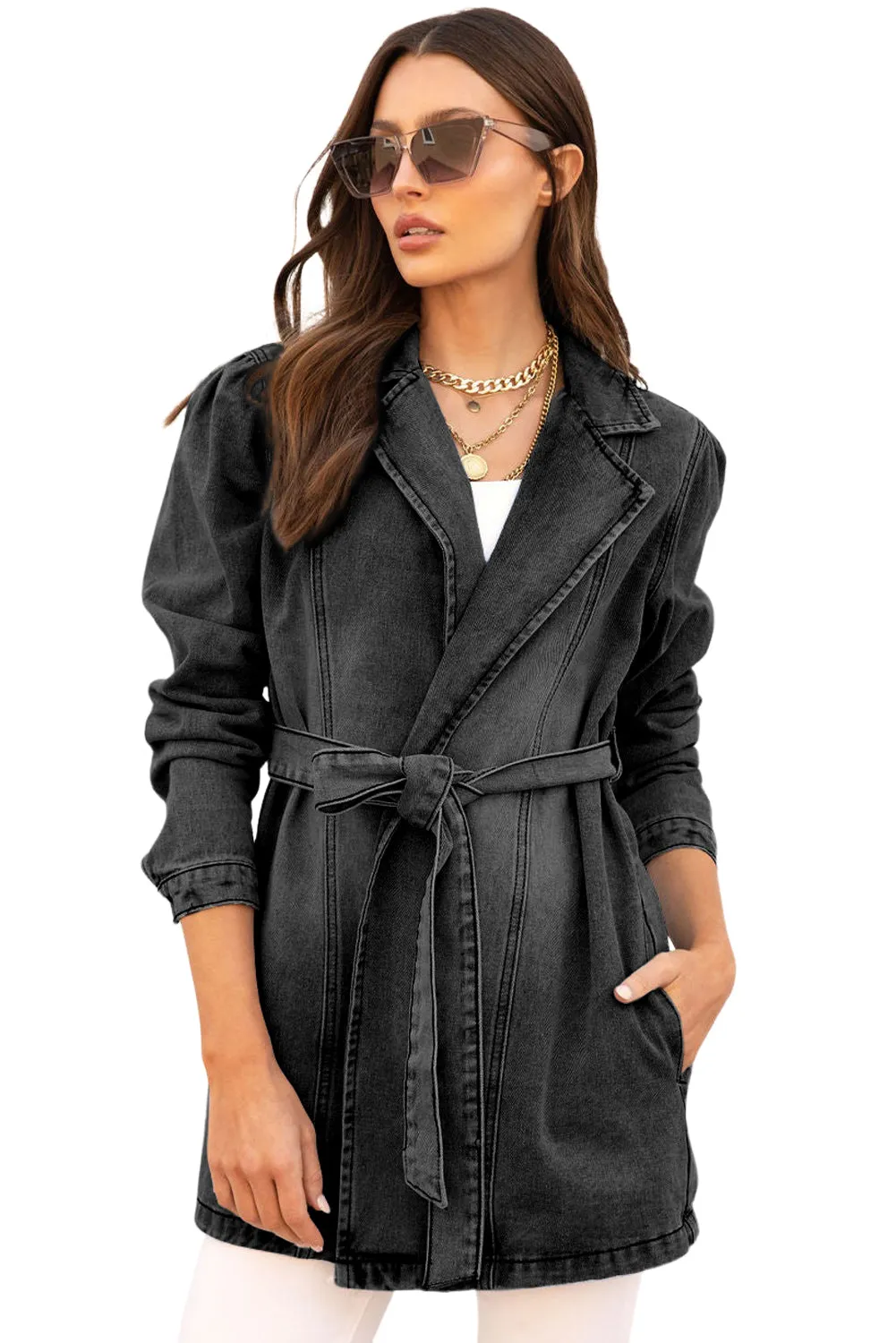 Women's Lapel Collar Pocketed Tie Waist Long Denim Jacket