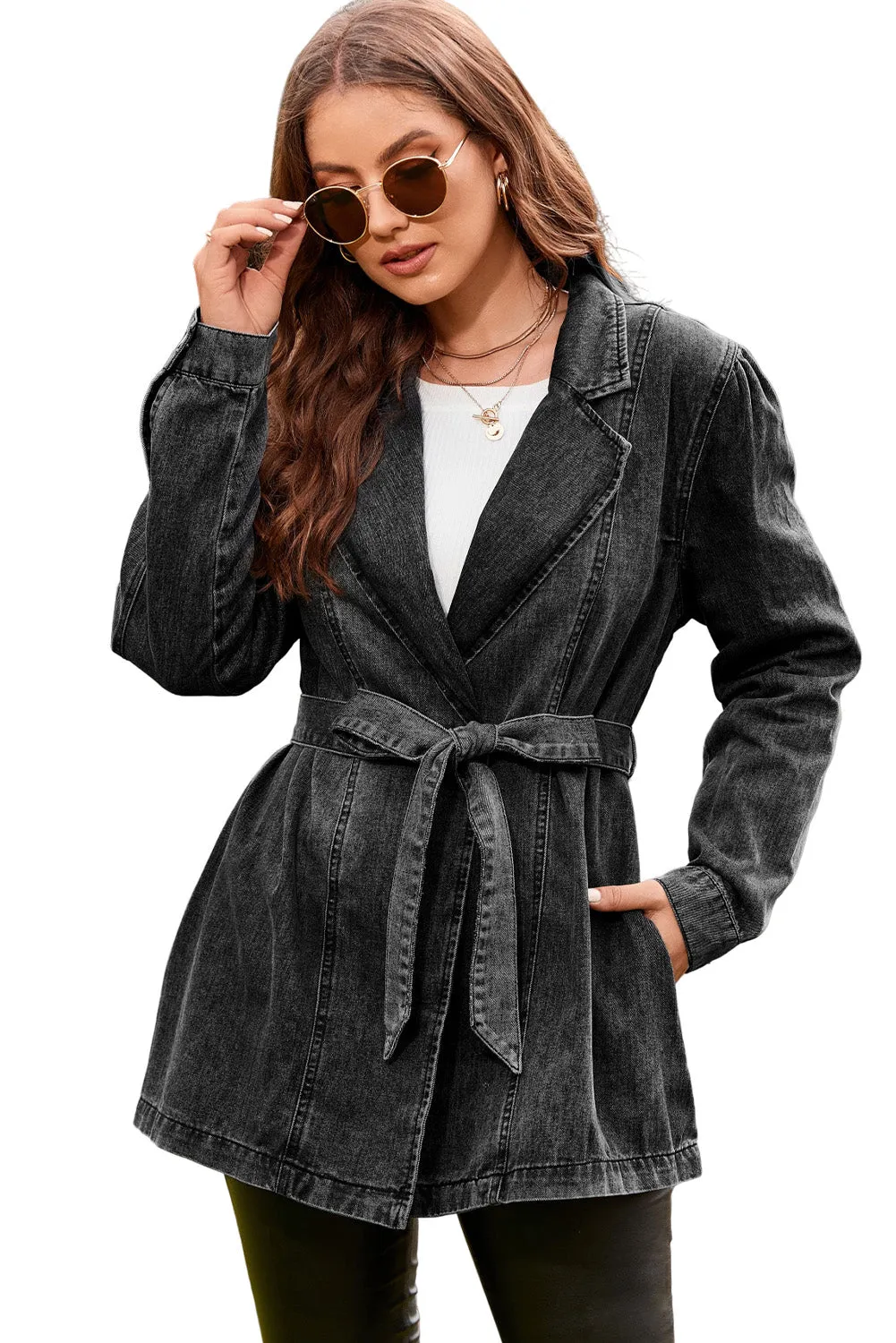 Women's Lapel Collar Pocketed Tie Waist Long Denim Jacket