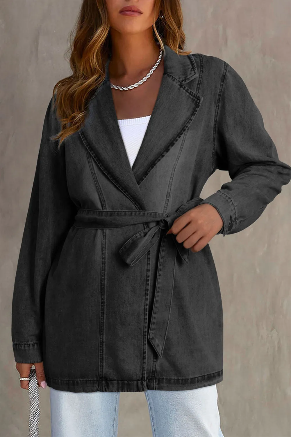 Women's Lapel Collar Pocketed Tie Waist Long Denim Jacket